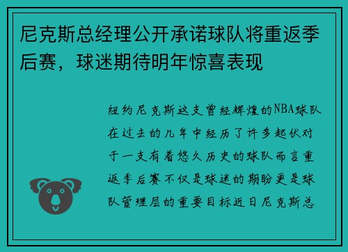 尼克斯总经理公开承诺球队将重返季后赛，球迷期待明年惊喜表现